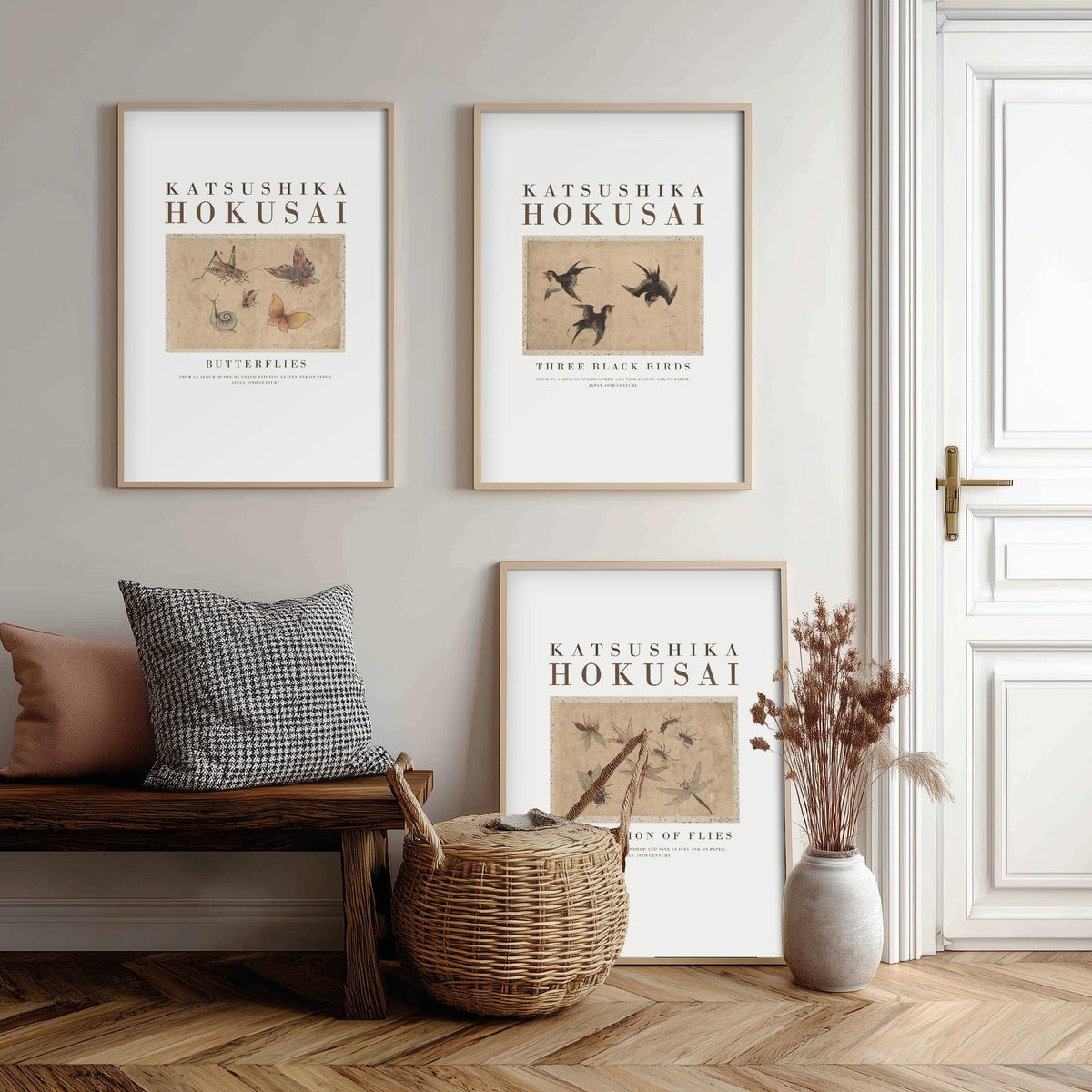 Katsushika Hokusai Insects and Birds Set of Three Art Prints - Butterflies, Three Black Birds, Flies - Japanese Ink Drawing Poster