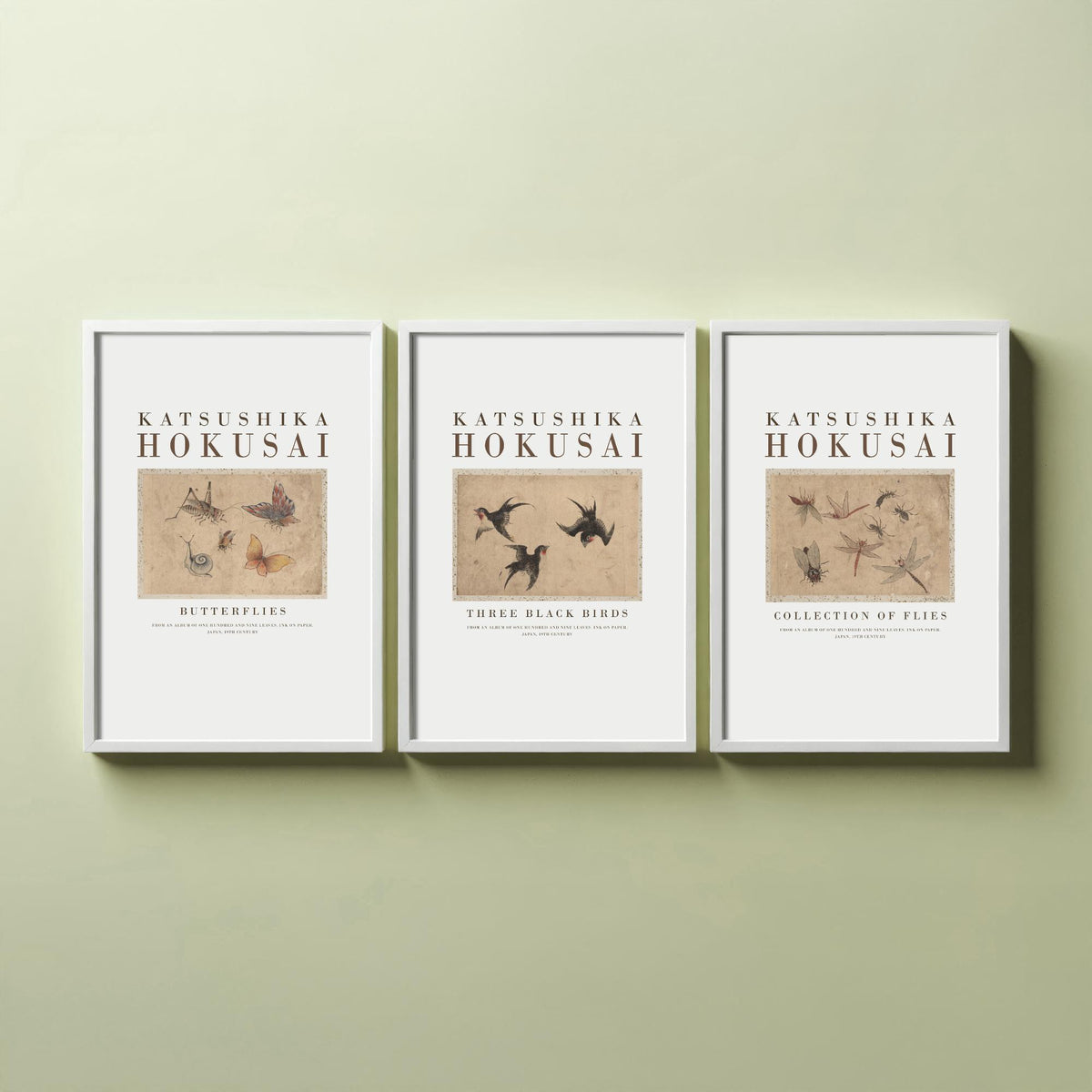 Katsushika Hokusai Insects and Birds Set of Three Art Prints - Butterflies, Three Black Birds, Flies - Japanese Ink Drawing Poster