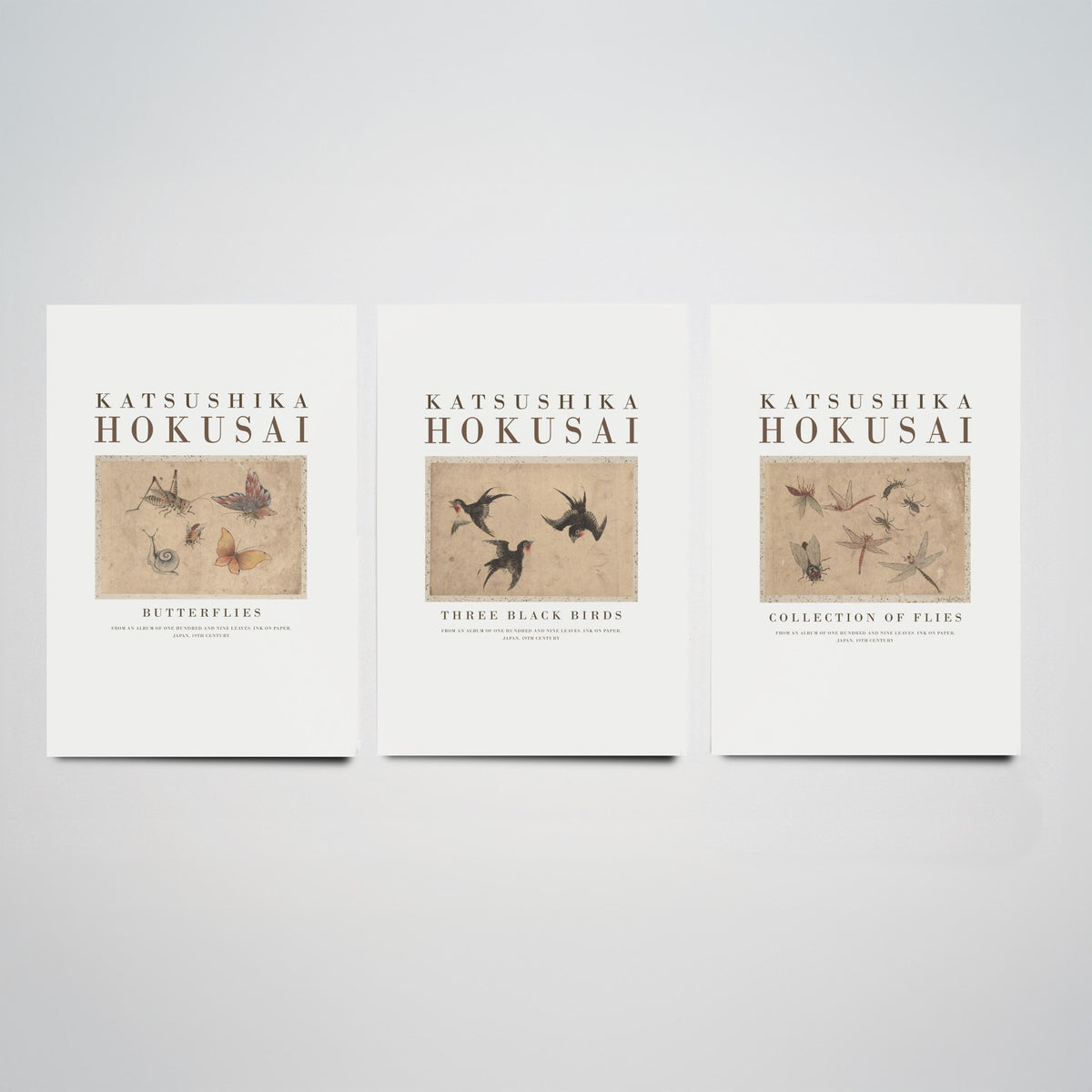 Katsushika Hokusai Insects and Birds Set of Three Art Prints - Butterflies, Three Black Birds, Flies - Japanese Ink Drawing Poster