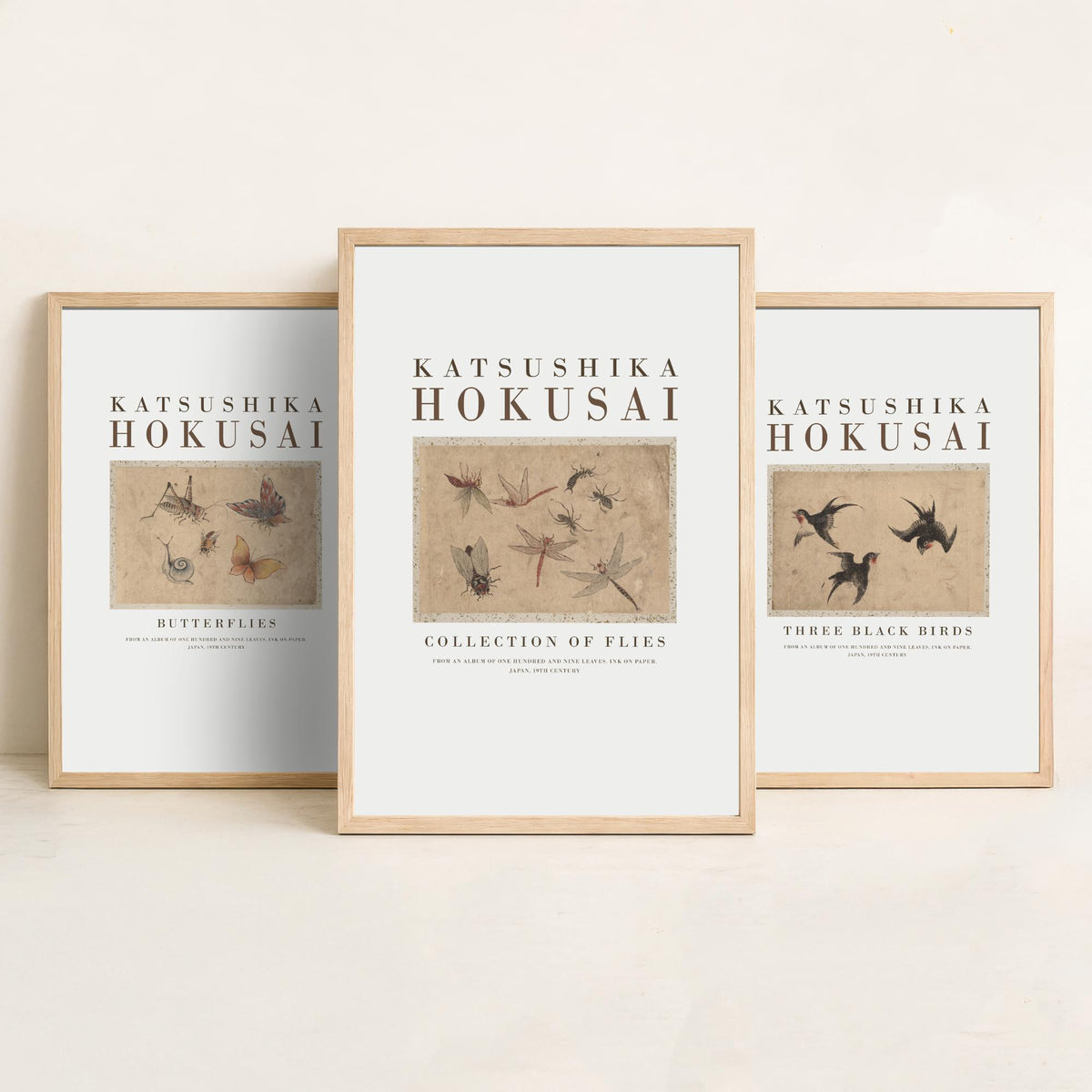 Katsushika Hokusai Insects and Birds Set of Three Art Prints - Butterflies, Three Black Birds, Flies - Japanese Ink Drawing Poster