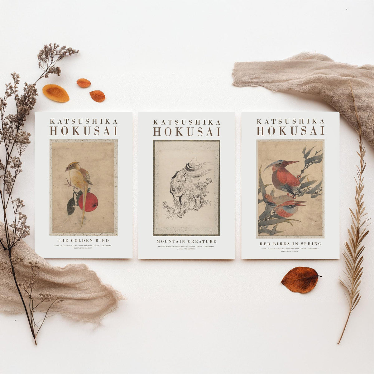 Hokusai Mountain Creature Set of Three Art Prints - The Golden Bird, Mountain Creature, Red Birds in Spring - Japanese Ink Drawing Poster