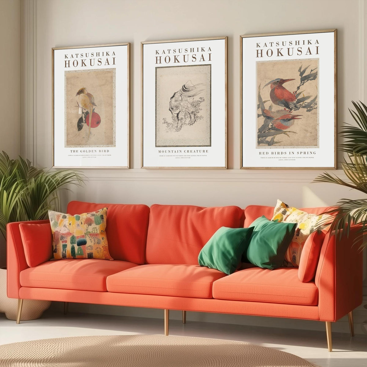 Hokusai Mountain Creature Set of Three Art Prints - The Golden Bird, Mountain Creature, Red Birds in Spring - Japanese Ink Drawing Poster