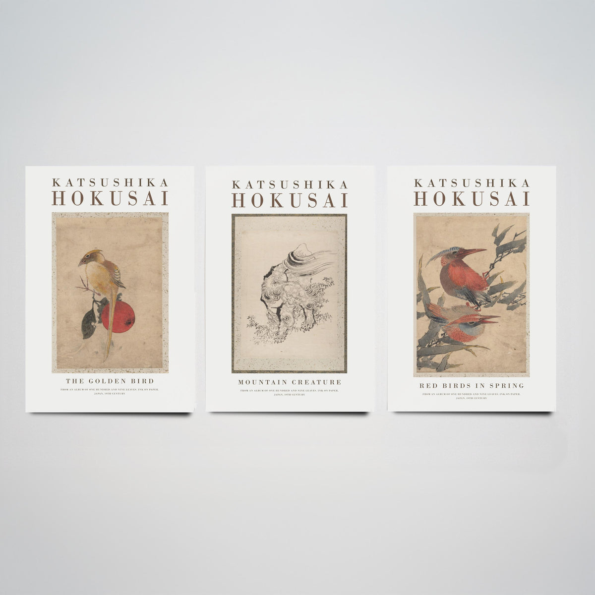 Hokusai Mountain Creature Set of Three Art Prints - The Golden Bird, Mountain Creature, Red Birds in Spring - Japanese Ink Drawing Poster