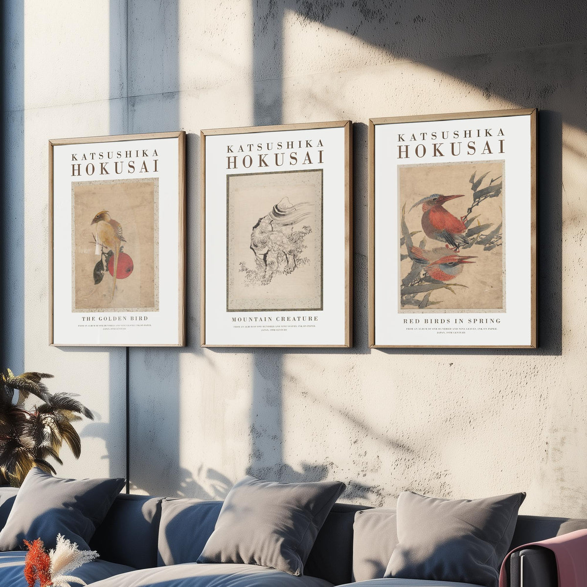 Hokusai Mountain Creature Set of Three Art Prints - The Golden Bird, Mountain Creature, Red Birds in Spring - Japanese Ink Drawing Poster