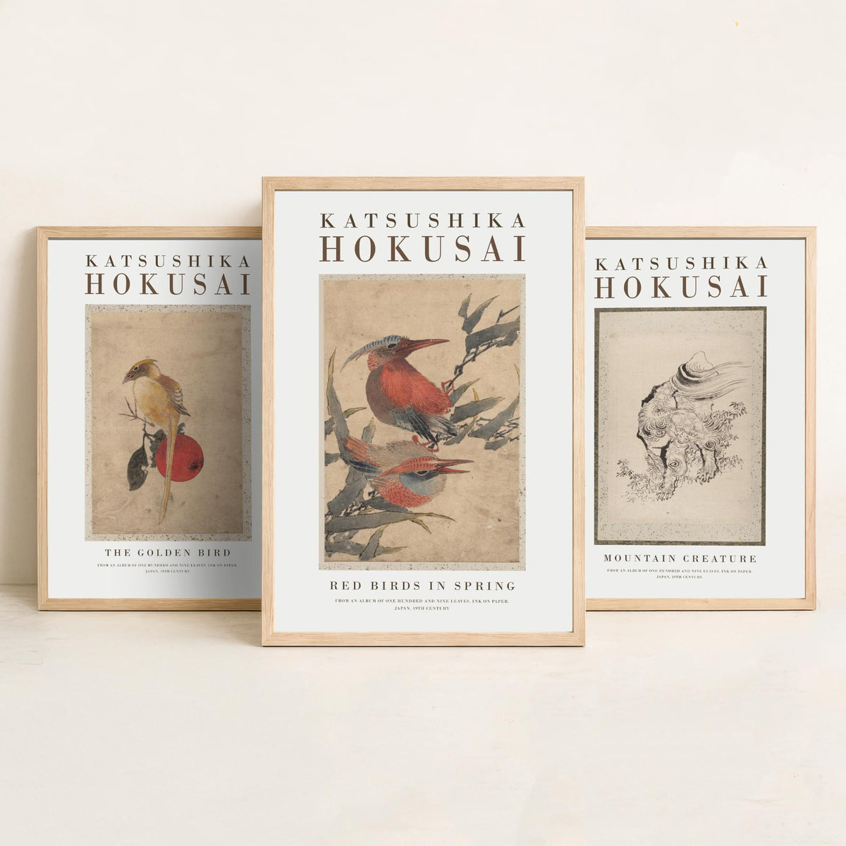 Hokusai Mountain Creature Set of Three Art Prints - The Golden Bird, Mountain Creature, Red Birds in Spring - Japanese Ink Drawing Poster