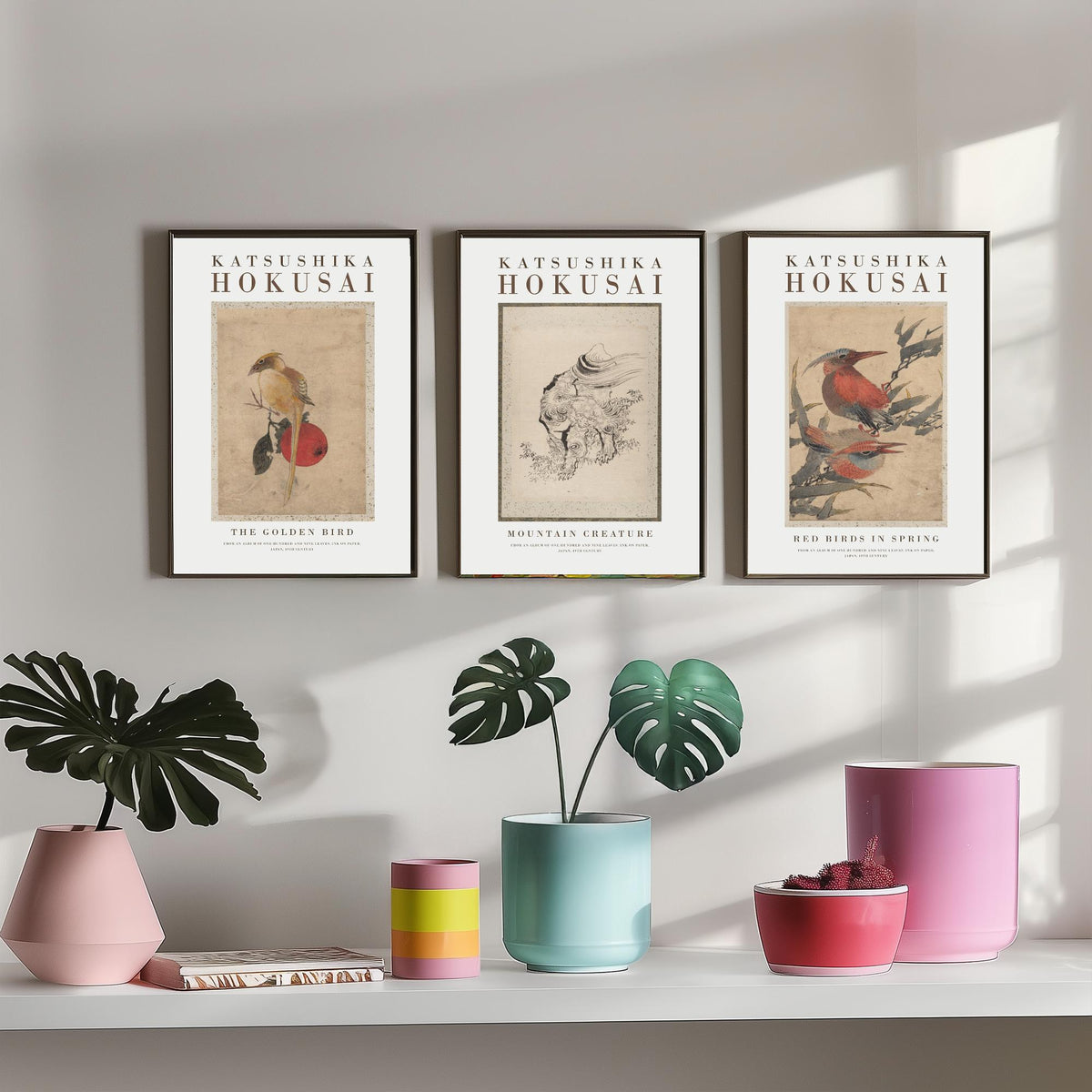 Hokusai Mountain Creature Set of Three Art Prints - The Golden Bird, Mountain Creature, Red Birds in Spring - Japanese Ink Drawing Poster