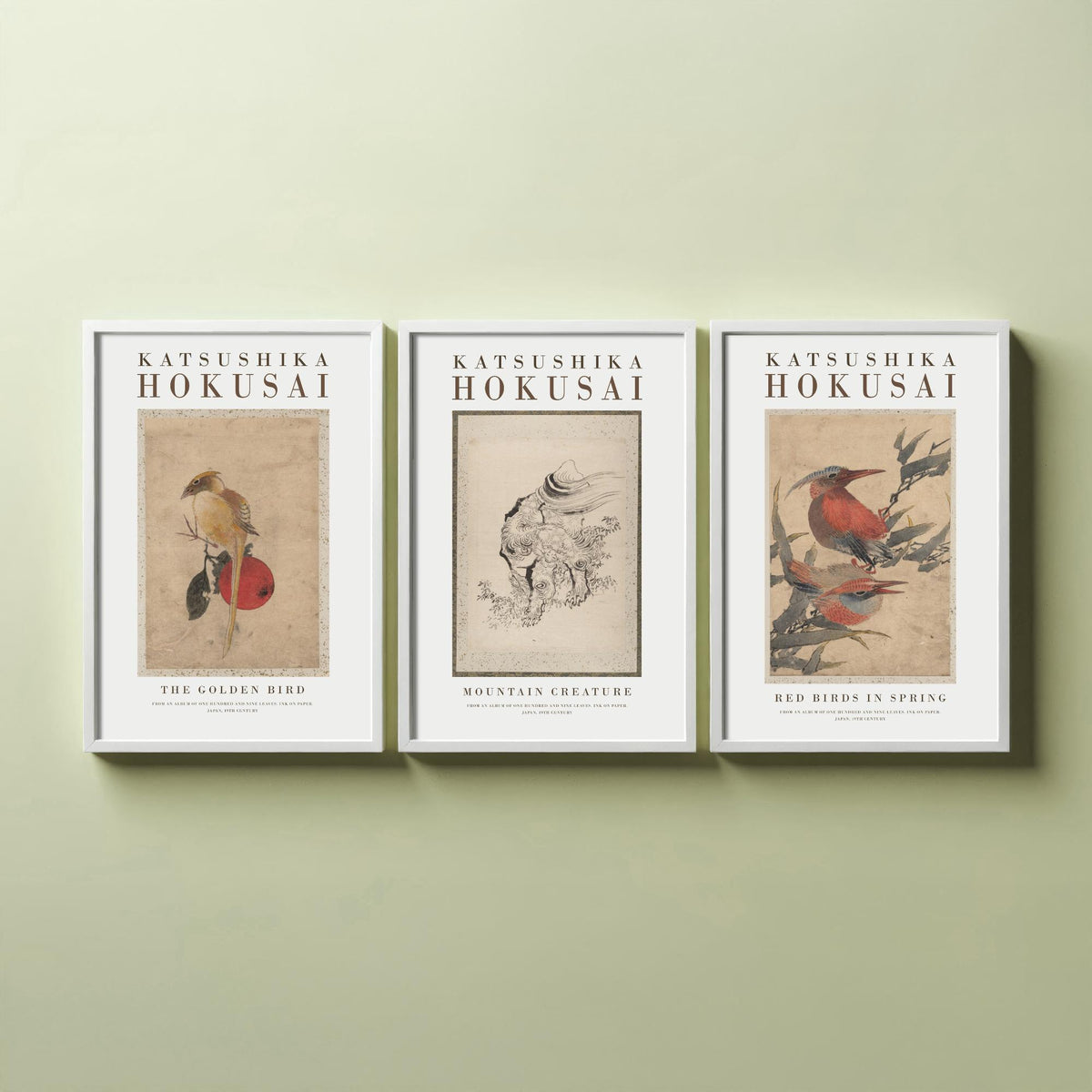 Hokusai Mountain Creature Set of Three Art Prints - The Golden Bird, Mountain Creature, Red Birds in Spring - Japanese Ink Drawing Poster