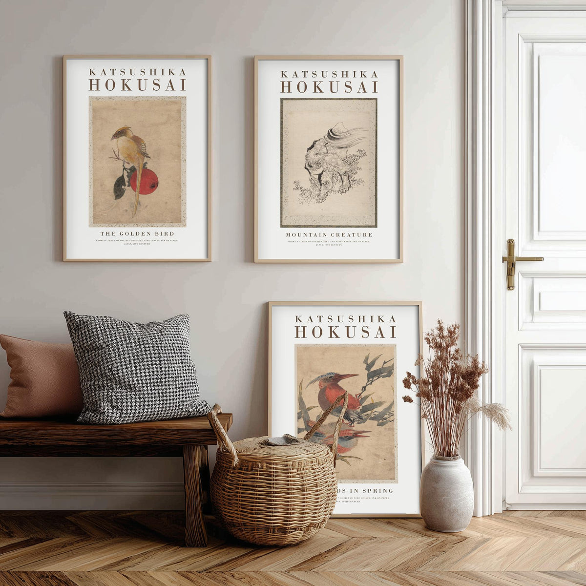 Hokusai Mountain Creature Set of Three Art Prints - The Golden Bird, Mountain Creature, Red Birds in Spring - Japanese Ink Drawing Poster