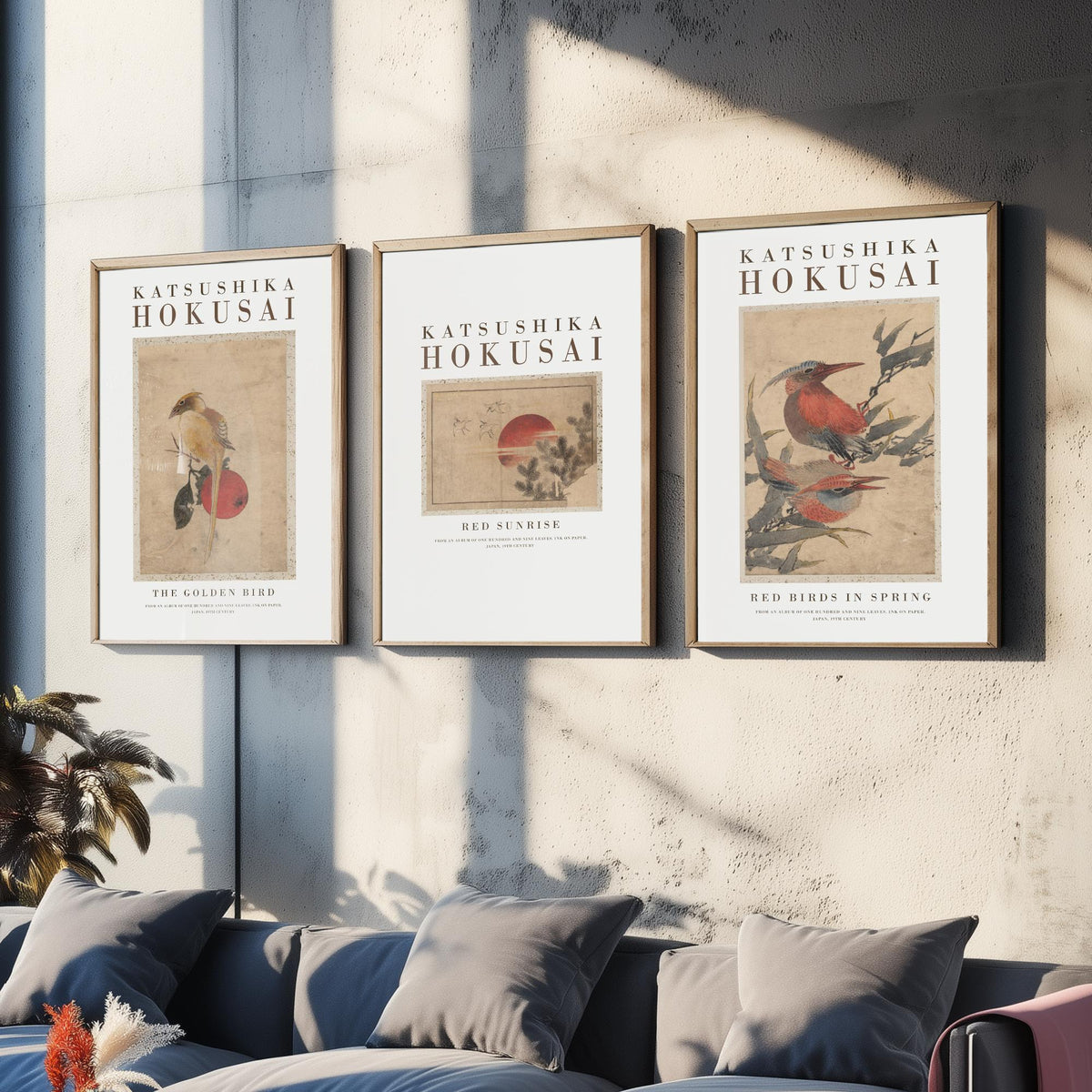 Katsushika Hokusai Red Sunrise Set of Three Art Prints - The Golden Bird, Red Sunrise, Red Birds in Spring - Japanese Ink Drawing Poster