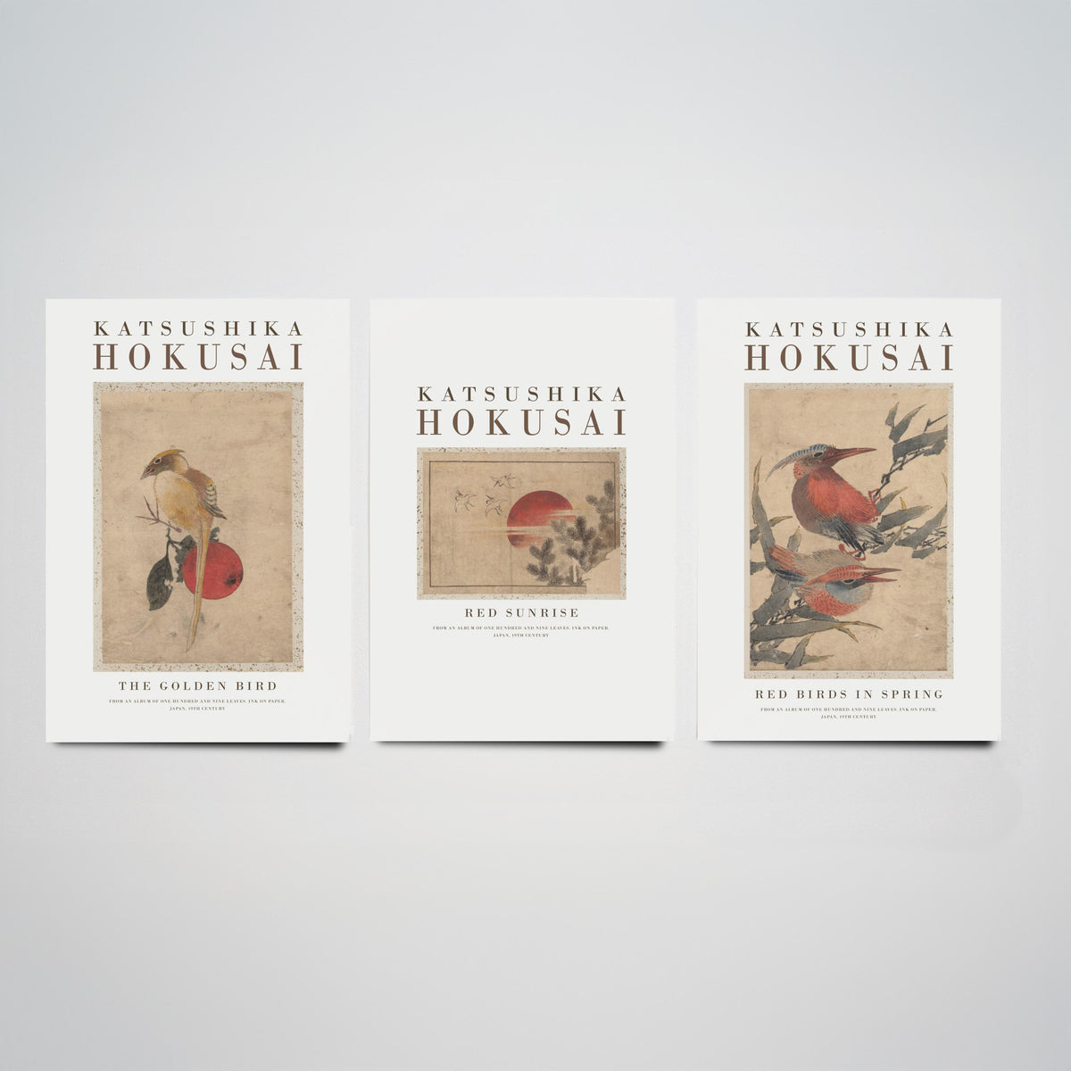 Katsushika Hokusai Red Sunrise Set of Three Art Prints - The Golden Bird, Red Sunrise, Red Birds in Spring - Japanese Ink Drawing Poster