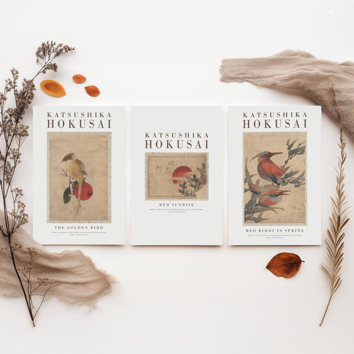 Katsushika Hokusai Red Sunrise Set of Three Art Prints - The Golden Bird, Red Sunrise, Red Birds in Spring - Japanese Ink Drawing Poster