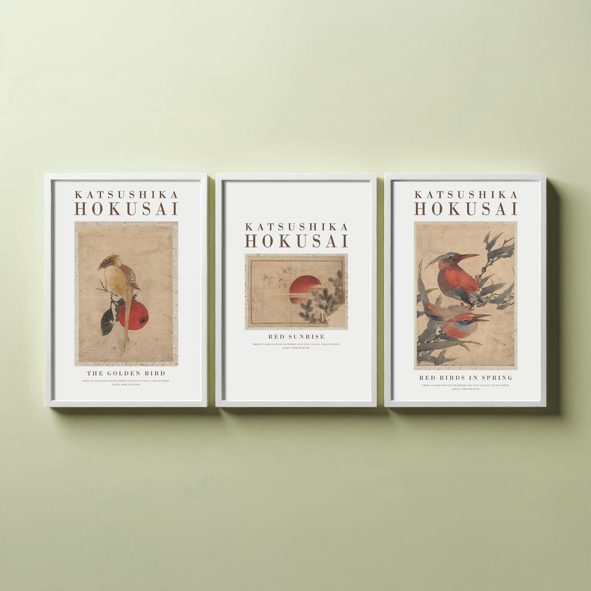 Katsushika Hokusai Red Sunrise Set of Three Art Prints - The Golden Bird, Red Sunrise, Red Birds in Spring - Japanese Ink Drawing Poster