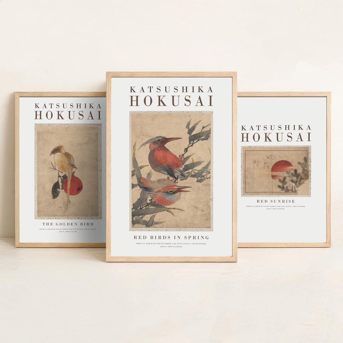 Katsushika Hokusai Red Sunrise Set of Three Art Prints - The Golden Bird, Red Sunrise, Red Birds in Spring - Japanese Ink Drawing Poster