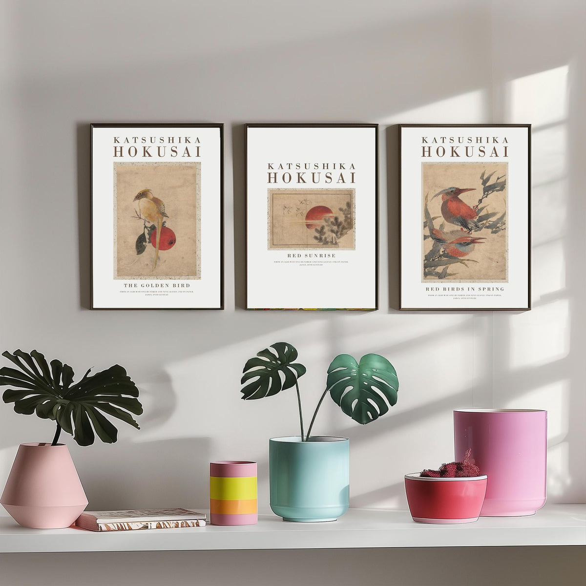 Katsushika Hokusai Red Sunrise Set of Three Art Prints - The Golden Bird, Red Sunrise, Red Birds in Spring - Japanese Ink Drawing Poster