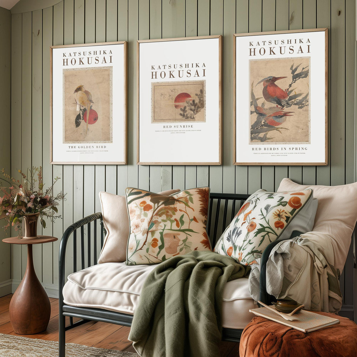Katsushika Hokusai Red Sunrise Set of Three Art Prints - The Golden Bird, Red Sunrise, Red Birds in Spring - Japanese Ink Drawing Poster