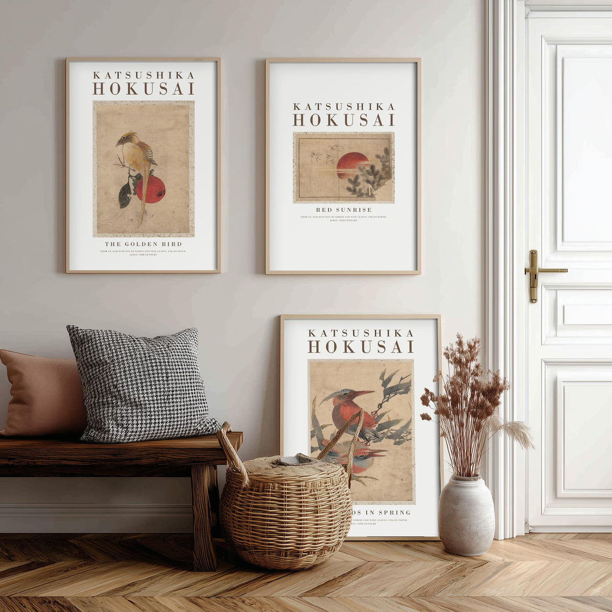 Katsushika Hokusai Red Sunrise Set of Three Art Prints - The Golden Bird, Red Sunrise, Red Birds in Spring - Japanese Ink Drawing Poster