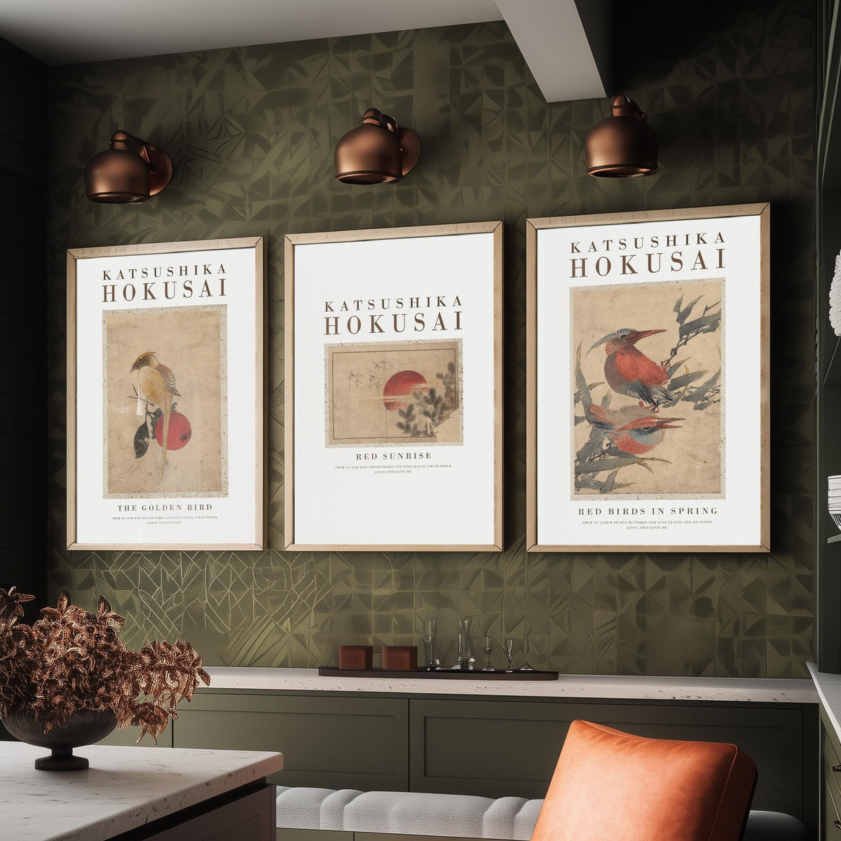 Katsushika Hokusai Red Sunrise Set of Three Art Prints - The Golden Bird, Red Sunrise, Red Birds in Spring - Japanese Ink Drawing Poster