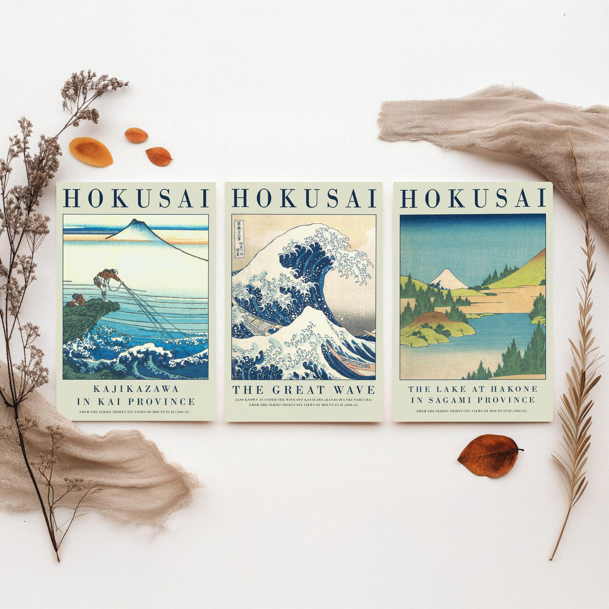 Katsushika Hokusai Blue Vista Collection Set of Three Art Prints - Kajikazawa, The Great Wave, Lake at Hakone - Japanese Woodcut Poster