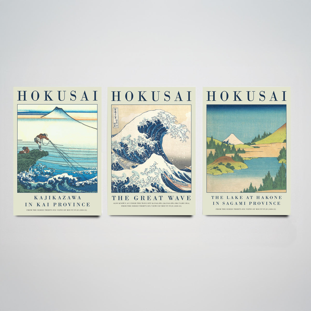 Katsushika Hokusai Blue Vista Collection Set of Three Art Prints - Kajikazawa, The Great Wave, Lake at Hakone - Japanese Woodcut Poster