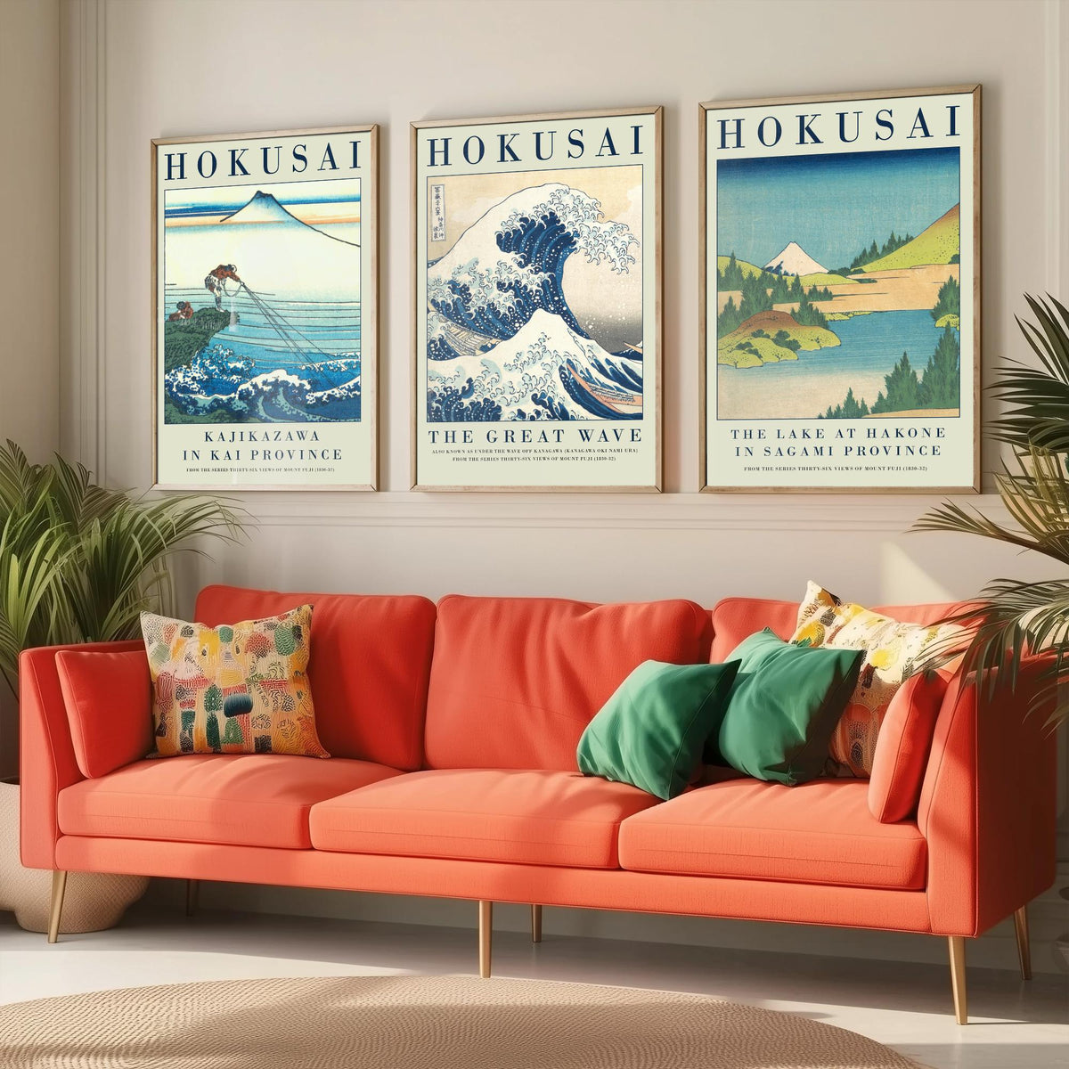Katsushika Hokusai Blue Vista Collection Set of Three Art Prints - Kajikazawa, The Great Wave, Lake at Hakone - Japanese Woodcut Poster