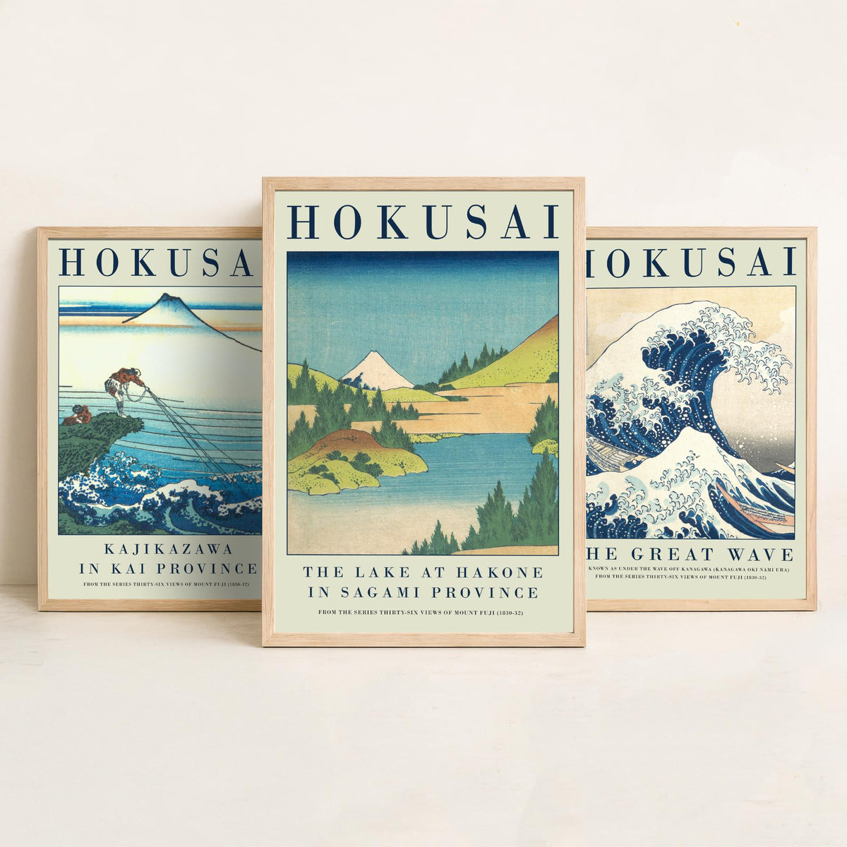 Katsushika Hokusai Blue Vista Collection Set of Three Art Prints - Kajikazawa, The Great Wave, Lake at Hakone - Japanese Woodcut Poster