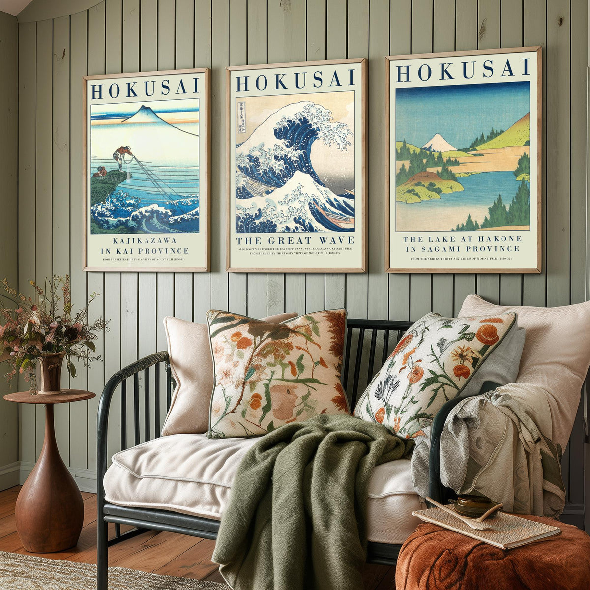 Katsushika Hokusai Blue Vista Collection Set of Three Art Prints - Kajikazawa, The Great Wave, Lake at Hakone - Japanese Woodcut Poster