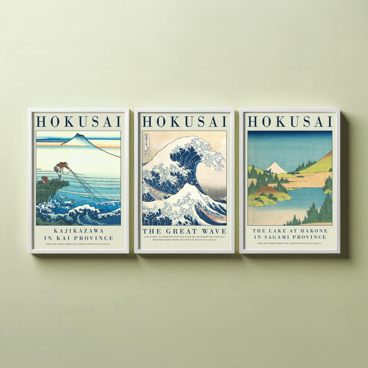 Katsushika Hokusai Blue Vista Collection Set of Three Art Prints - Kajikazawa, The Great Wave, Lake at Hakone - Japanese Woodcut Poster