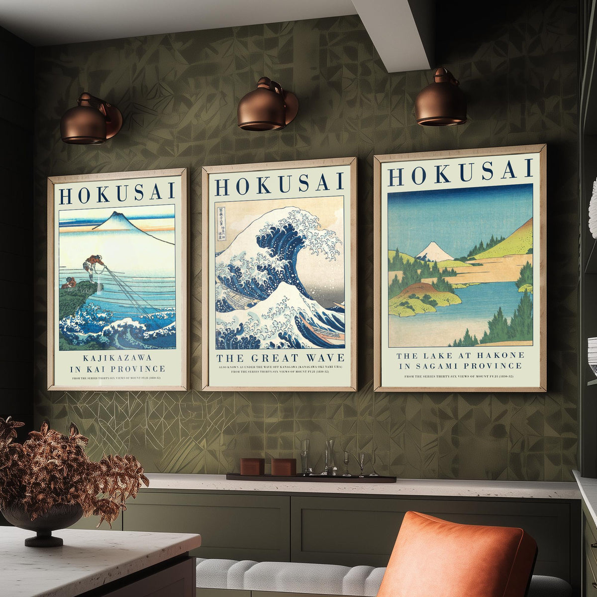 Katsushika Hokusai Blue Vista Collection Set of Three Art Prints - Kajikazawa, The Great Wave, Lake at Hakone - Japanese Woodcut Poster
