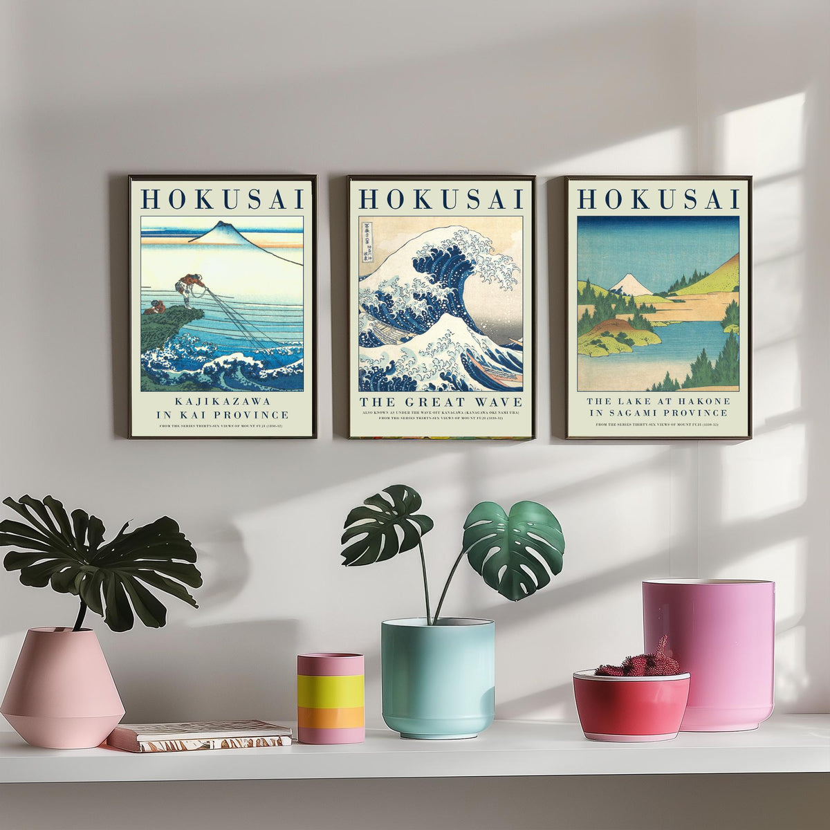 Katsushika Hokusai Blue Vista Collection Set of Three Art Prints - Kajikazawa, The Great Wave, Lake at Hakone - Japanese Woodcut Poster