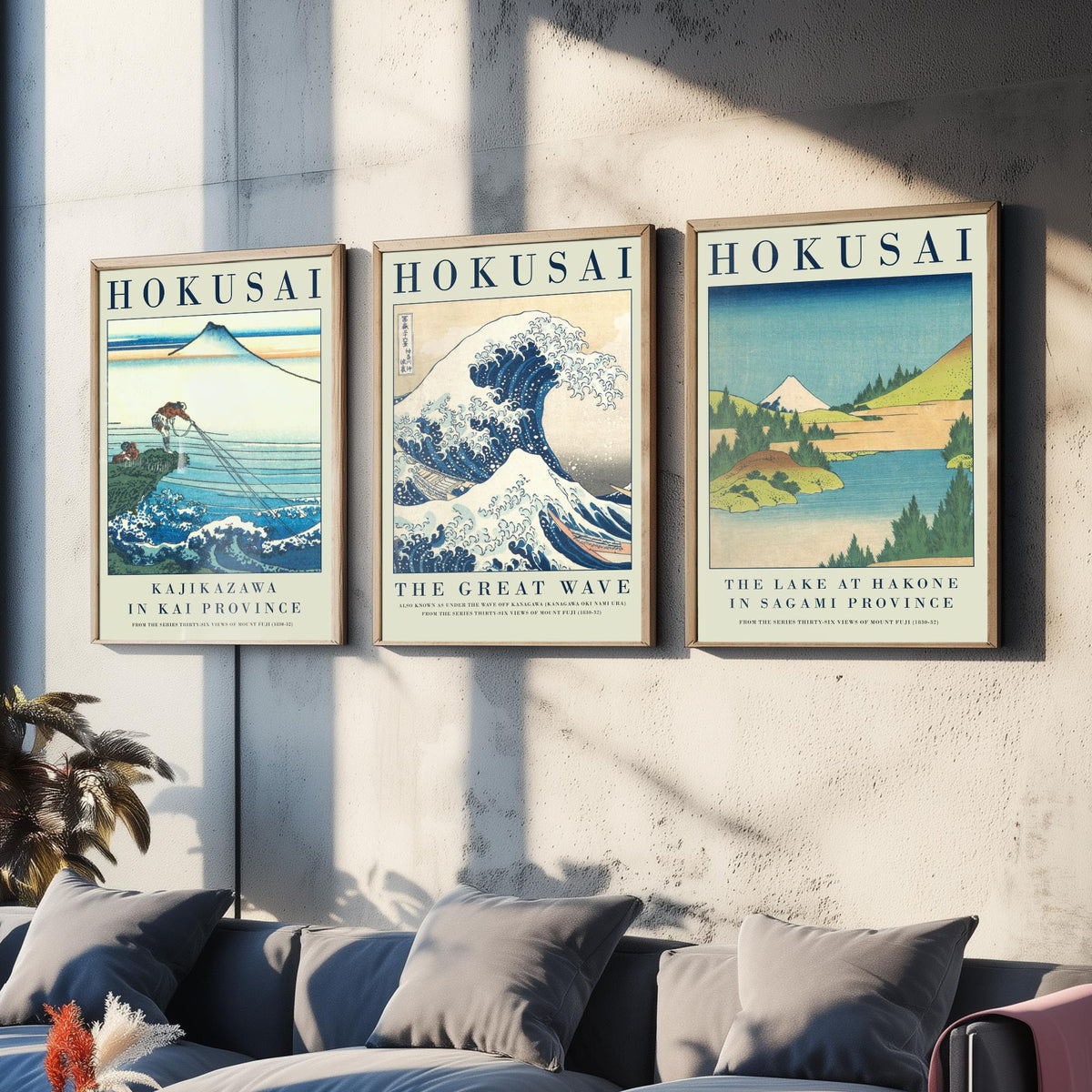 Katsushika Hokusai Blue Vista Collection Set of Three Art Prints - Kajikazawa, The Great Wave, Lake at Hakone - Japanese Woodcut Poster