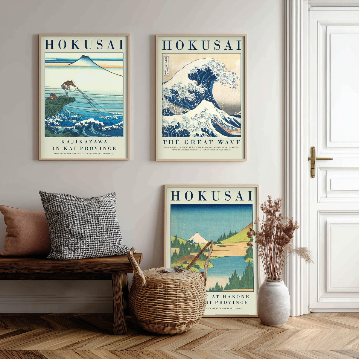 Katsushika Hokusai Blue Vista Collection Set of Three Art Prints - Kajikazawa, The Great Wave, Lake at Hakone - Japanese Woodcut Poster
