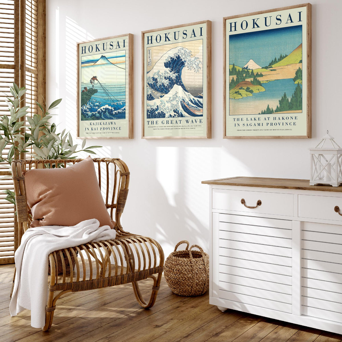 Katsushika Hokusai Blue Vista Collection Set of Three Art Prints - Kajikazawa, The Great Wave, Lake at Hakone - Japanese Woodcut Poster