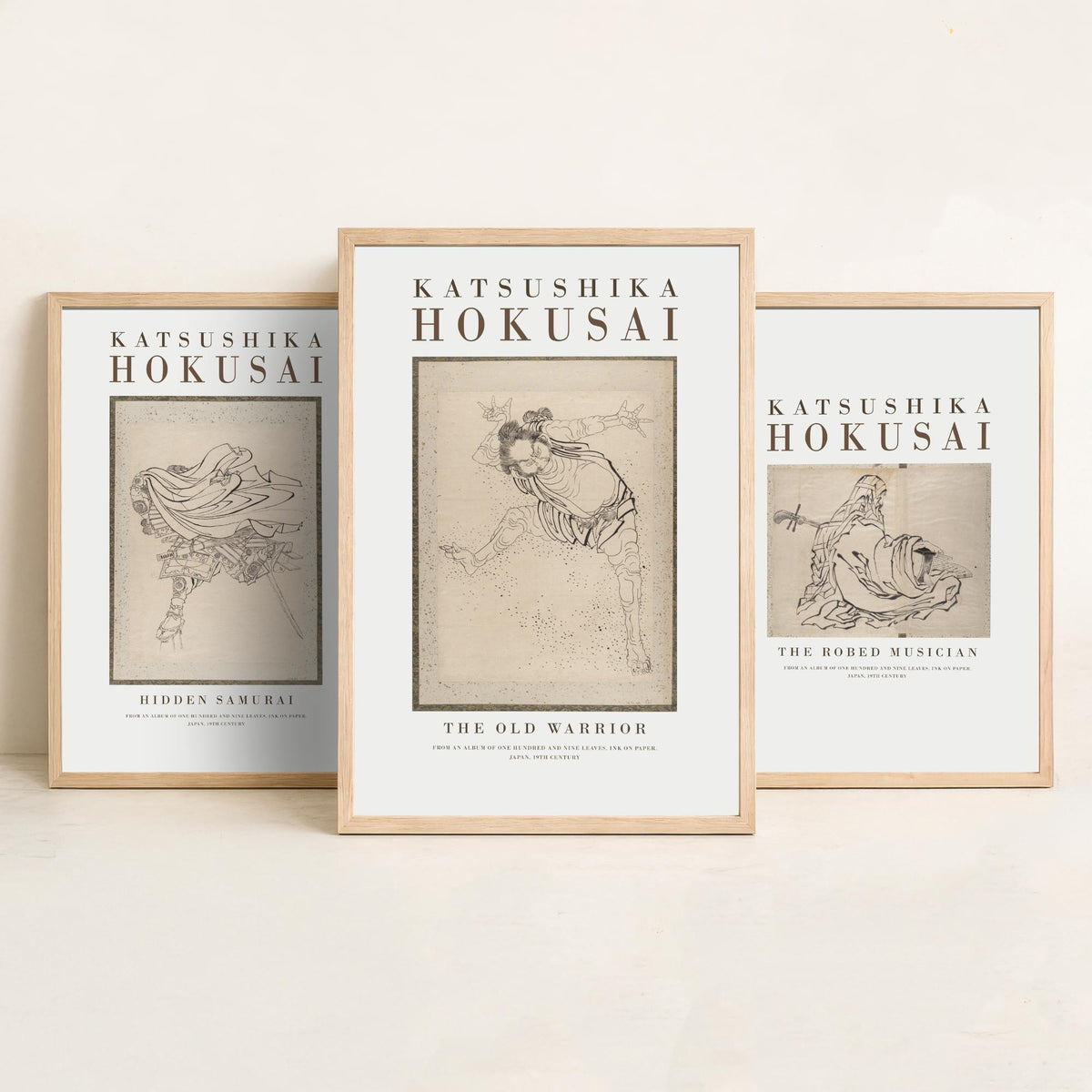 Hokusai Characters Collection Set of Three Art Prints - Hidden Samurai, The Robed Musician, The Old Warrior - Japanese Ink Drawing Poster