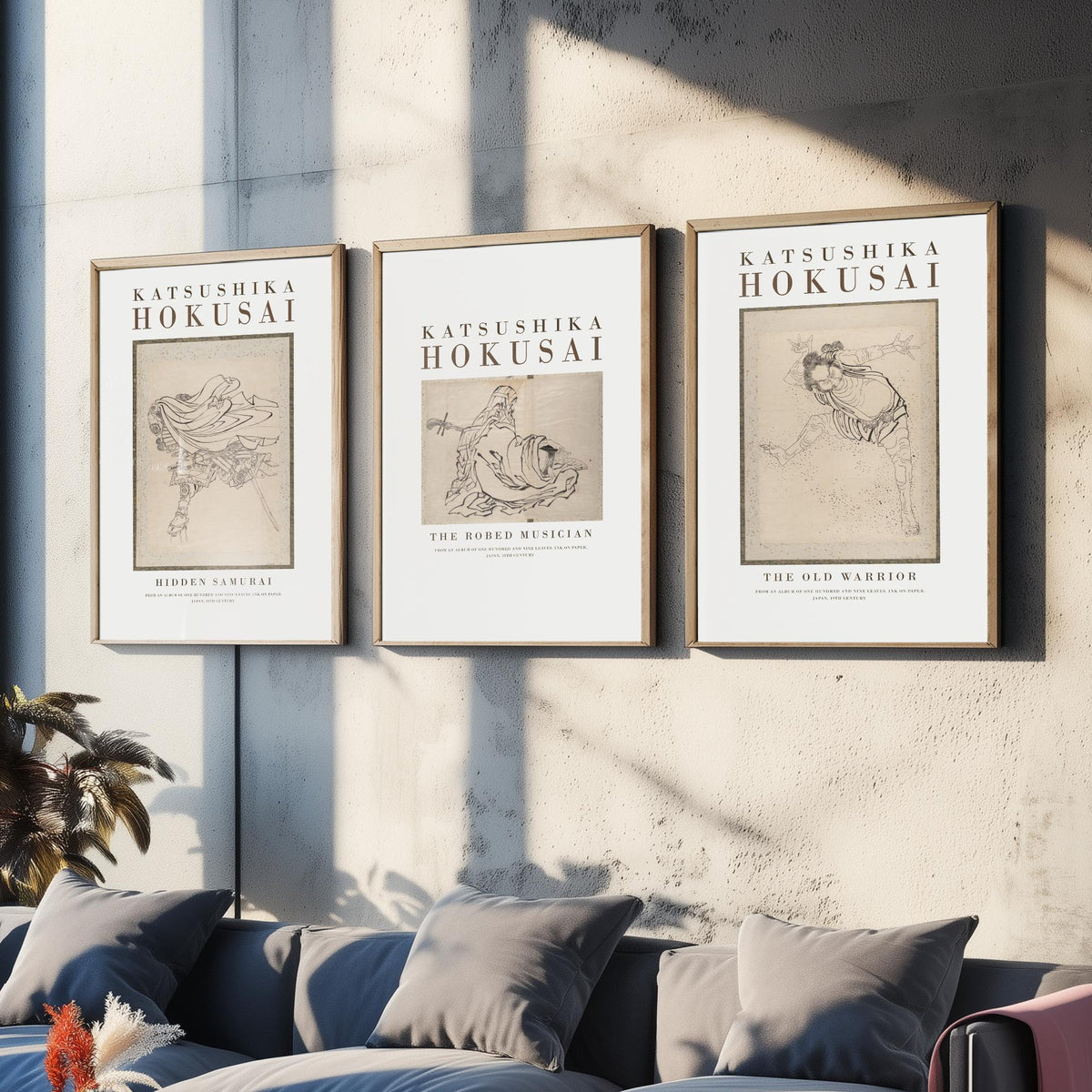 Hokusai Characters Collection Set of Three Art Prints - Hidden Samurai, The Robed Musician, The Old Warrior - Japanese Ink Drawing Poster