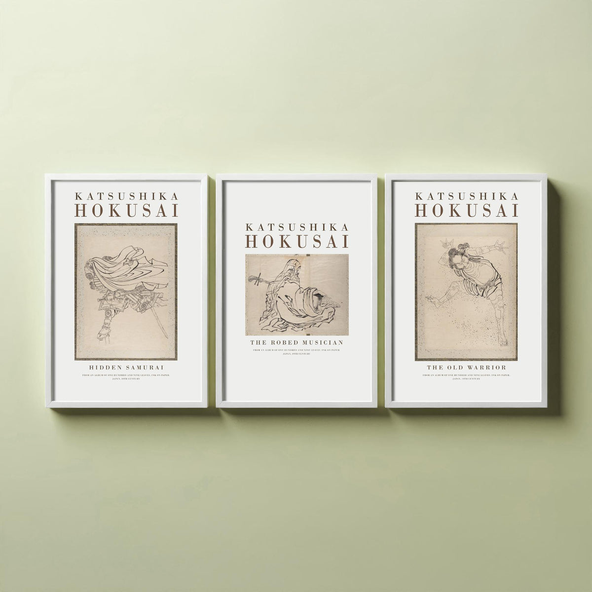Hokusai Characters Collection Set of Three Art Prints - Hidden Samurai, The Robed Musician, The Old Warrior - Japanese Ink Drawing Poster
