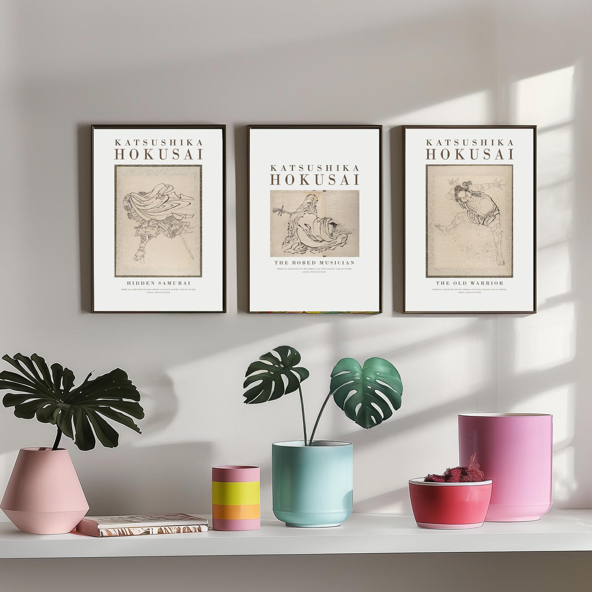Hokusai Characters Collection Set of Three Art Prints - Hidden Samurai, The Robed Musician, The Old Warrior - Japanese Ink Drawing Poster