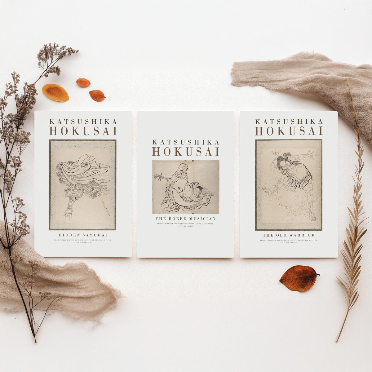 Hokusai Characters Collection Set of Three Art Prints - Hidden Samurai, The Robed Musician, The Old Warrior - Japanese Ink Drawing Poster
