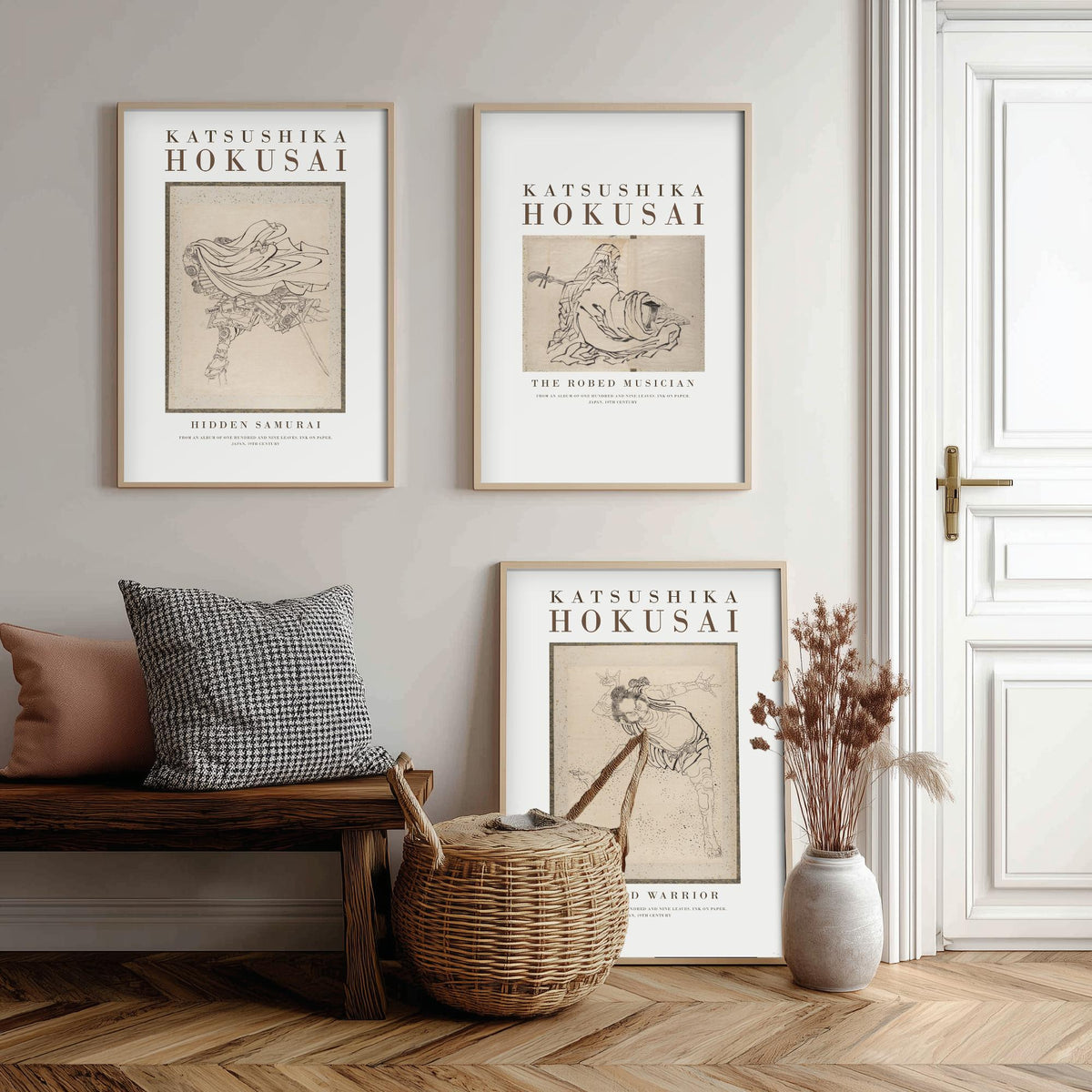 Hokusai Characters Collection Set of Three Art Prints - Hidden Samurai, The Robed Musician, The Old Warrior - Japanese Ink Drawing Poster