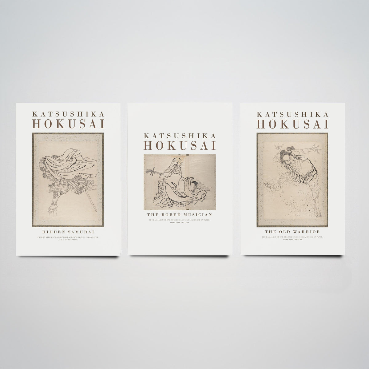 Hokusai Characters Collection Set of Three Art Prints - Hidden Samurai, The Robed Musician, The Old Warrior - Japanese Ink Drawing Poster