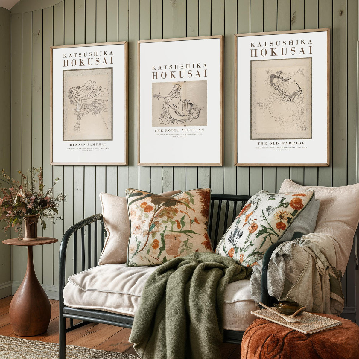 Hokusai Characters Collection Set of Three Art Prints - Hidden Samurai, The Robed Musician, The Old Warrior - Japanese Ink Drawing Poster