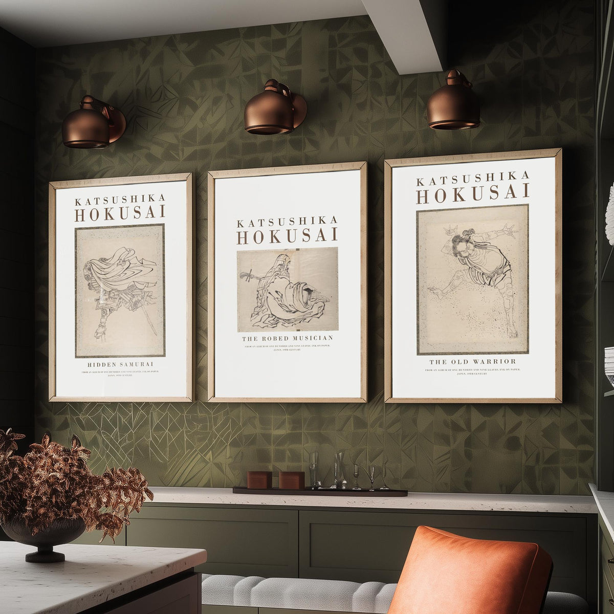 Hokusai Characters Collection Set of Three Art Prints - Hidden Samurai, The Robed Musician, The Old Warrior - Japanese Ink Drawing Poster