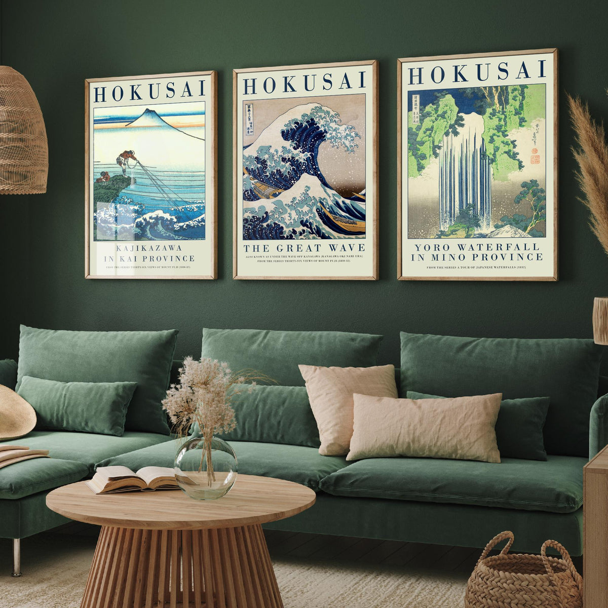 Katsushika Hokusai Fierce Waves Collection Set of Three Art Prints - Kajikazawa, The Great Wave, Yoro Waterfall - Japanese Woodcut Poster