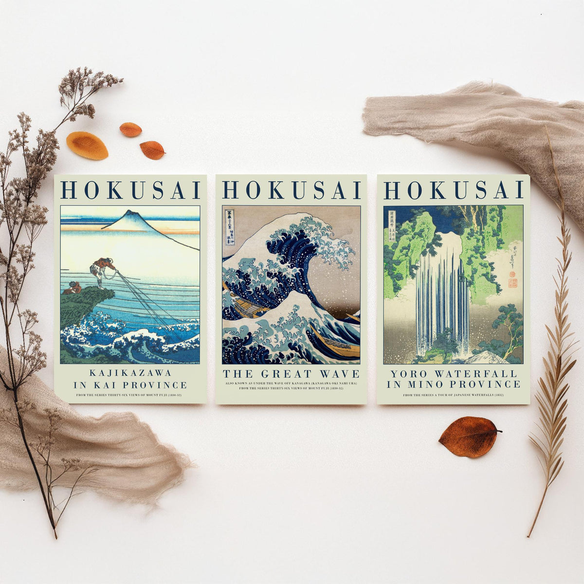 Katsushika Hokusai Fierce Waves Collection Set of Three Art Prints - Kajikazawa, The Great Wave, Yoro Waterfall - Japanese Woodcut Poster