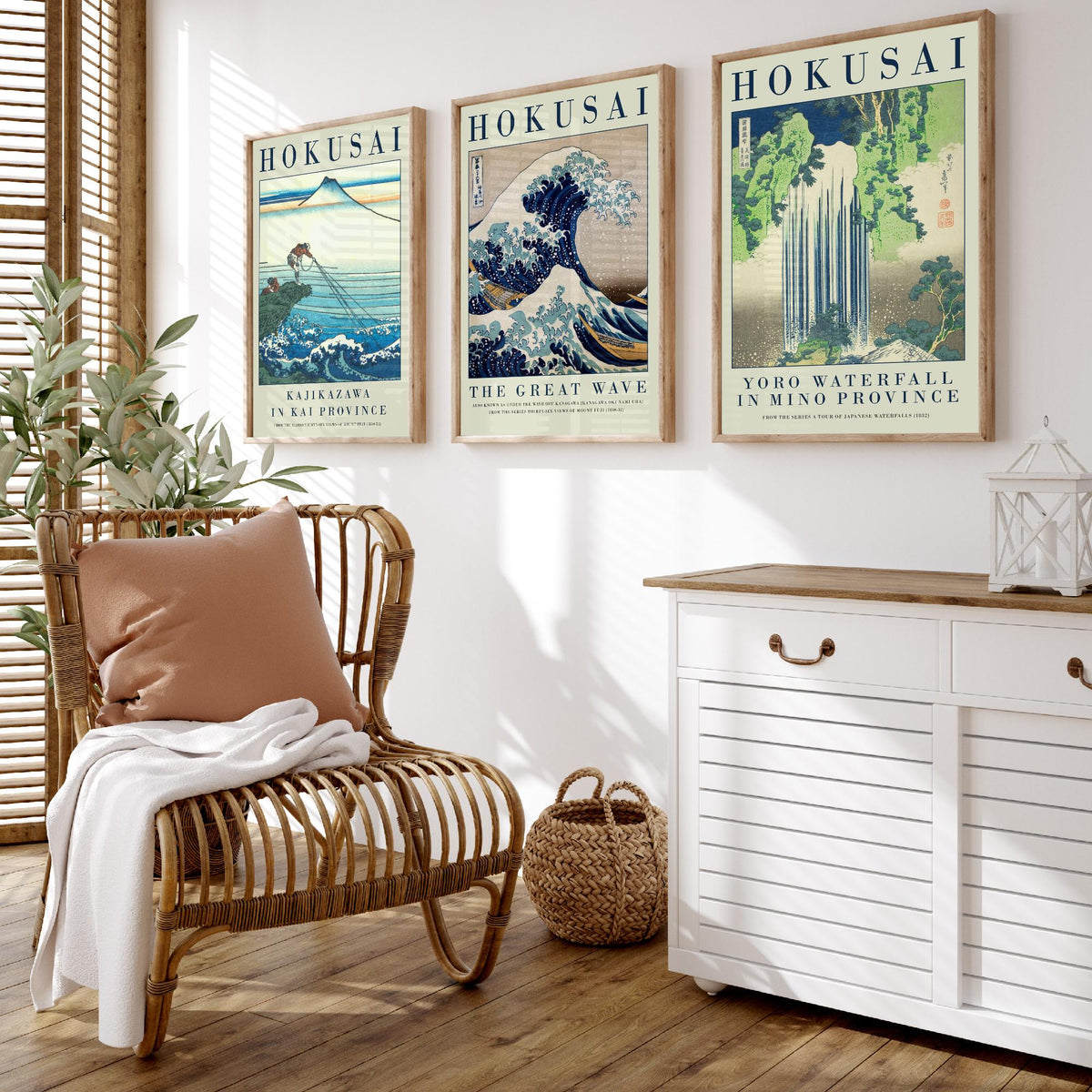 Katsushika Hokusai Fierce Waves Collection Set of Three Art Prints - Kajikazawa, The Great Wave, Yoro Waterfall - Japanese Woodcut Poster
