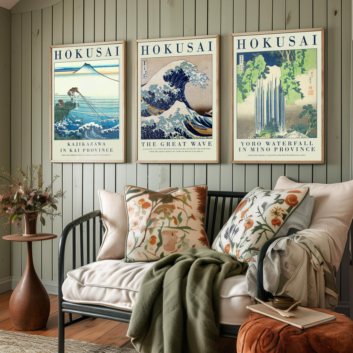 Katsushika Hokusai Fierce Waves Collection Set of Three Art Prints - Kajikazawa, The Great Wave, Yoro Waterfall - Japanese Woodcut Poster