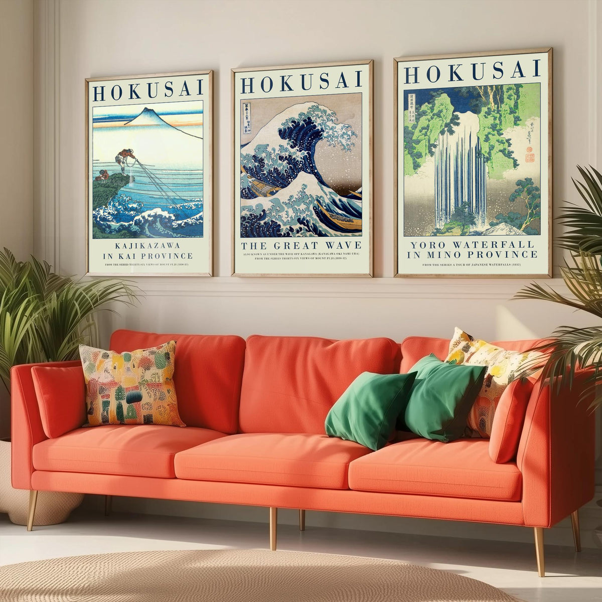 Katsushika Hokusai Fierce Waves Collection Set of Three Art Prints - Kajikazawa, The Great Wave, Yoro Waterfall - Japanese Woodcut Poster