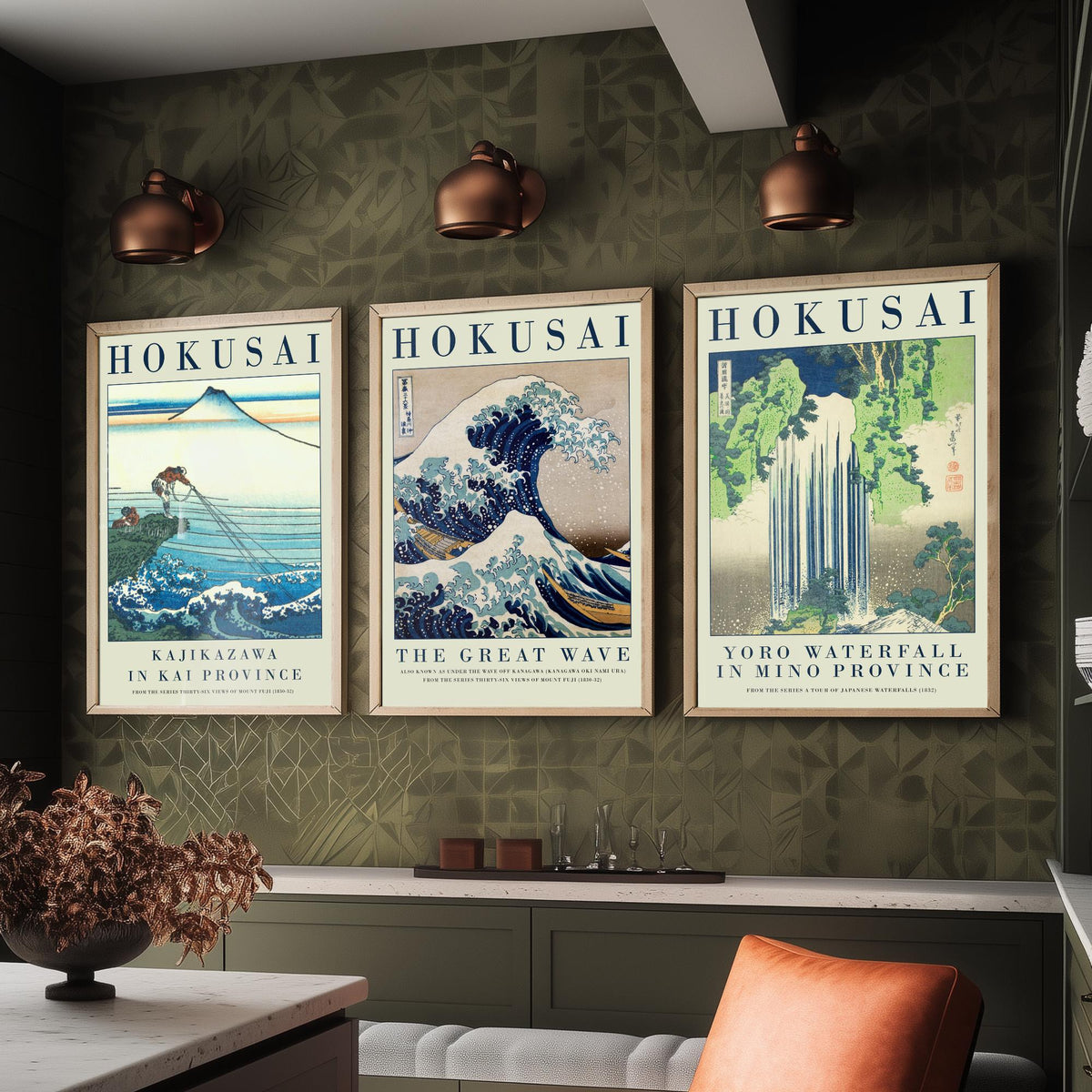 Katsushika Hokusai Fierce Waves Collection Set of Three Art Prints - Kajikazawa, The Great Wave, Yoro Waterfall - Japanese Woodcut Poster