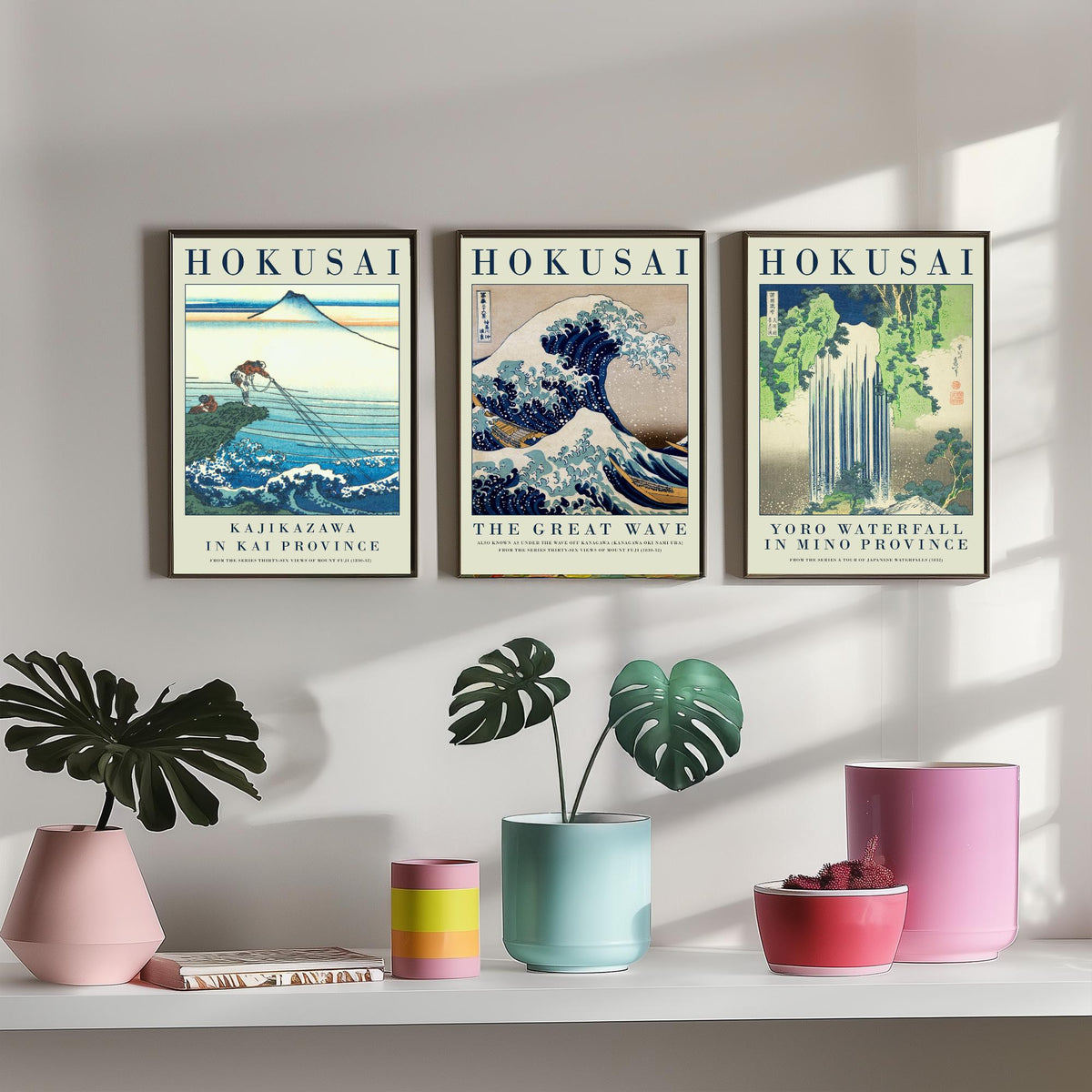 Katsushika Hokusai Fierce Waves Collection Set of Three Art Prints - Kajikazawa, The Great Wave, Yoro Waterfall - Japanese Woodcut Poster