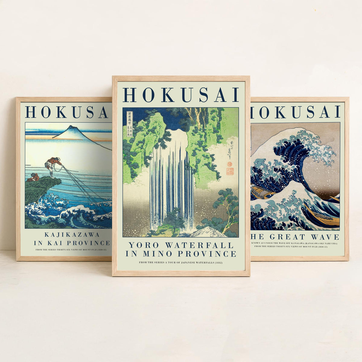 Katsushika Hokusai Fierce Waves Collection Set of Three Art Prints - Kajikazawa, The Great Wave, Yoro Waterfall - Japanese Woodcut Poster