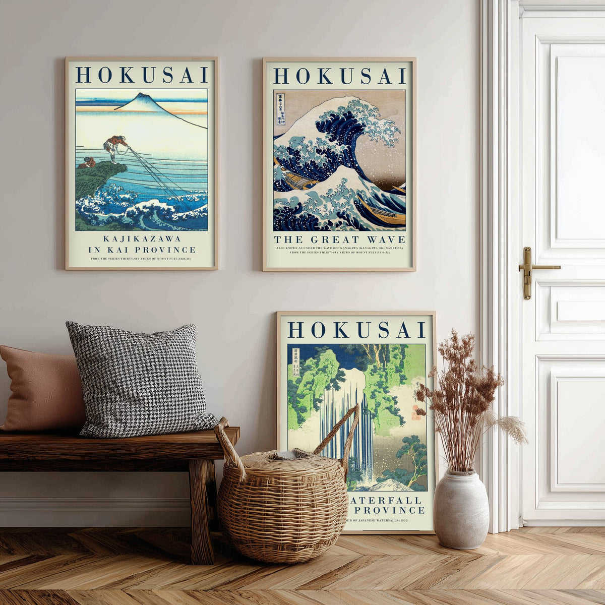 Katsushika Hokusai Fierce Waves Collection Set of Three Art Prints - Kajikazawa, The Great Wave, Yoro Waterfall - Japanese Woodcut Poster